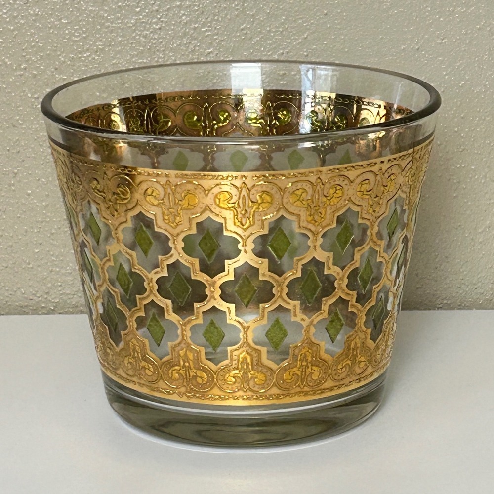 Culver Valencia 22k Gold Encrusted Trellis Glass Ice Bucket Green Diamond MCM
